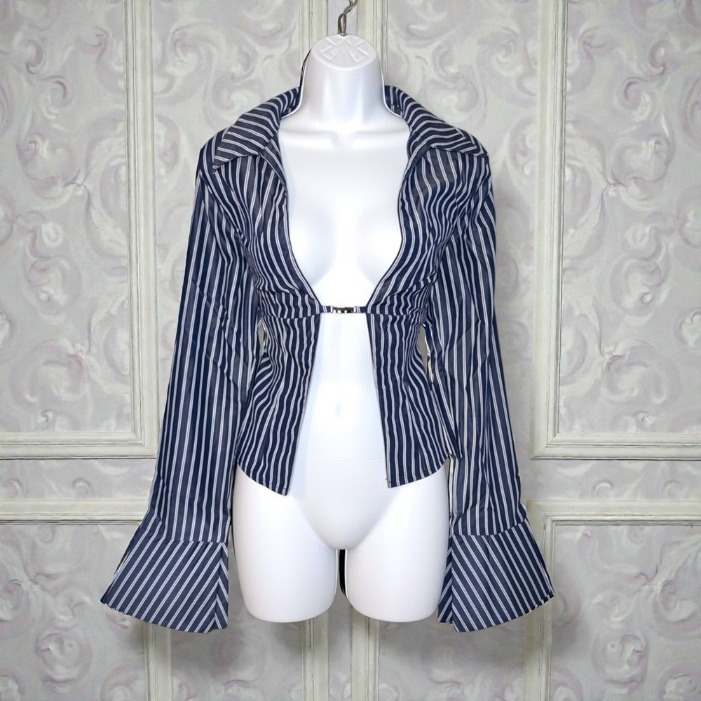 New Small Striped Long Sleeve‎ Top Shirt Flare Y2k 90's Sexy Open Front